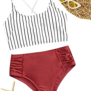 SweatyRocks White & Black Striped Criss Cross Bikini High Waisted Swimsuit